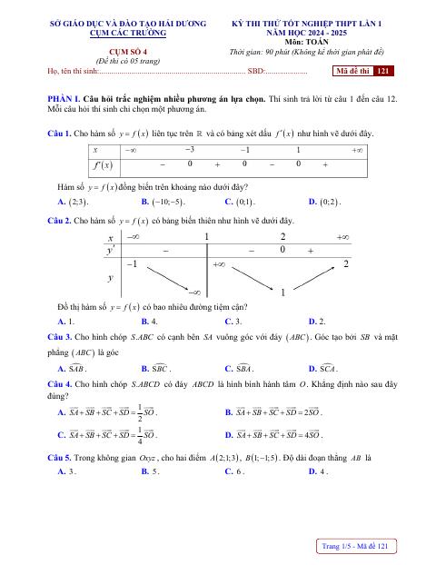 Đề thi thử TN THPT 2025 lần 1 môn Toán cụm các trường số 4 – Hải Dương